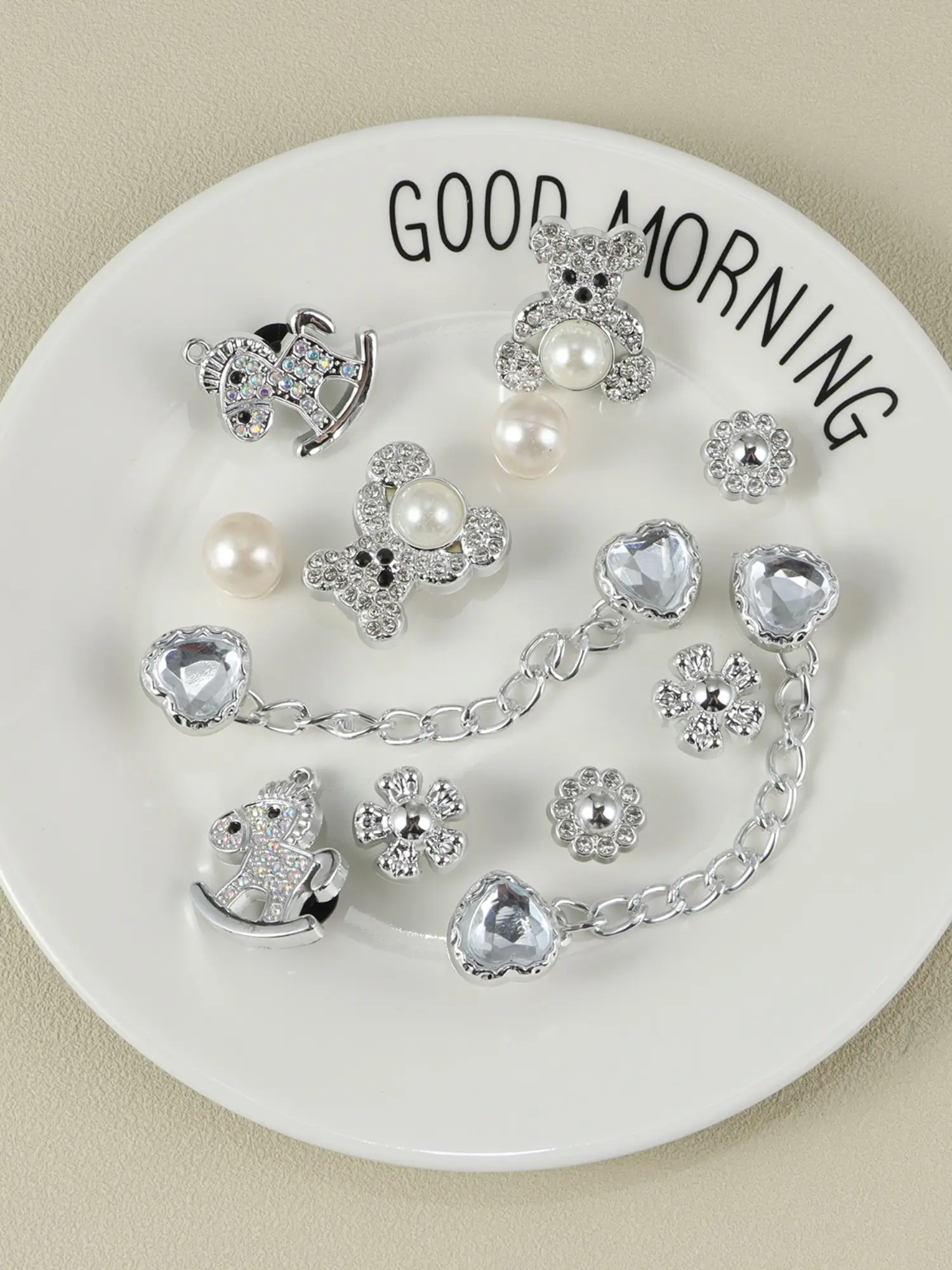 12PCS DIY Clog Shoe Charms Silver Rocking Horse Bear Heart Pearl Chain Detachable Cute Shoe Decorations for Croc Shoes DIY Crafts Fashion Gifts for Women Girls Sparkling Shoe Charms Shoe Charm Set