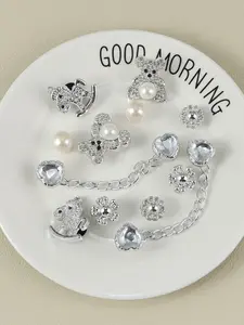 12PCS DIY Clog Shoe Charms Silver Rocking Horse Bear Heart Pearl Chain Detachable Shoe Decorations for Croc Shoes DIY Crafts Fashion Gifts for Women Girls