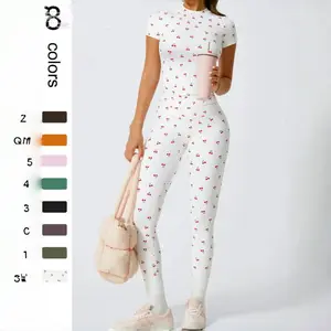 Brushed Yoga Outfit Set: High-Waisted Tight Yoga Fitness Wear for Running, Women's Short-Sleeve Long-Pants Set, Short-Sleeve T-Shirt with Cherry Print, Tight-Fitting Long Pants Two-Piece Set