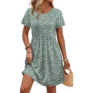 Spring Dresses for Women 2026 Short Sleeve Crew Neck Casual Dresses Empire Waist Maternity Dress with Pockets.