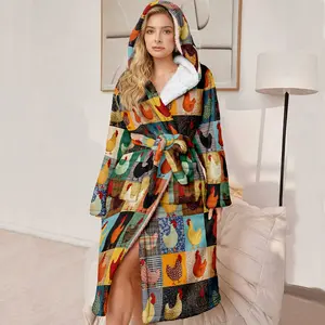 Women's Hooded Bathrobe, Soft Plush Long Robe, Fluffy Women's Pajamas, Chicken Pattern Design, Perfect Gift for Mother & Wife, Plaid Print Pajama, Pajama Sleepwear