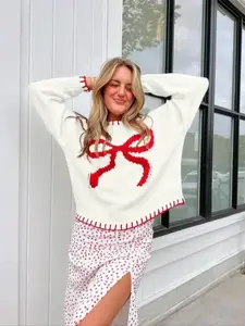 Women's Contrast Trim Bow Pattern Drop Shoulder Knitted Sweater, Cute Casual Comfy Long Sleeve Crew Neck Jumper for Daily Outdoor Wear, Ladies Knitwear for All Seasons, Knit Pullover Top