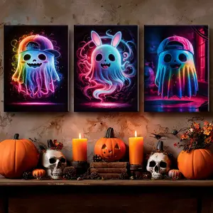 3 Counts Wooden Framed Canvas, Neon Bunny - Eared Ghost Poster, Halloween Home Poster, Halloween Party Decorations, Living Room And Bedroom Hanging Paintings, Horror Theme, Interesting Posters, Exquisite Gifts, High-Definition Art