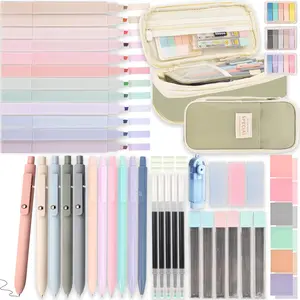 Aesthetic School Supplies with Pencil Pouch - 57 count Cute College Essentials Set, Big Capacity Pen Case, Eraser Holder, Pastel Highlighters,  Study Journaling Stationary Kit for Girls Teens
