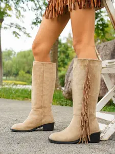 Vintage Fringe Boots Suede Velvet Side Fringe Decor Large Size Women's High Heel Fashion Shoes All Seasons Textile Upper Rubber Sole