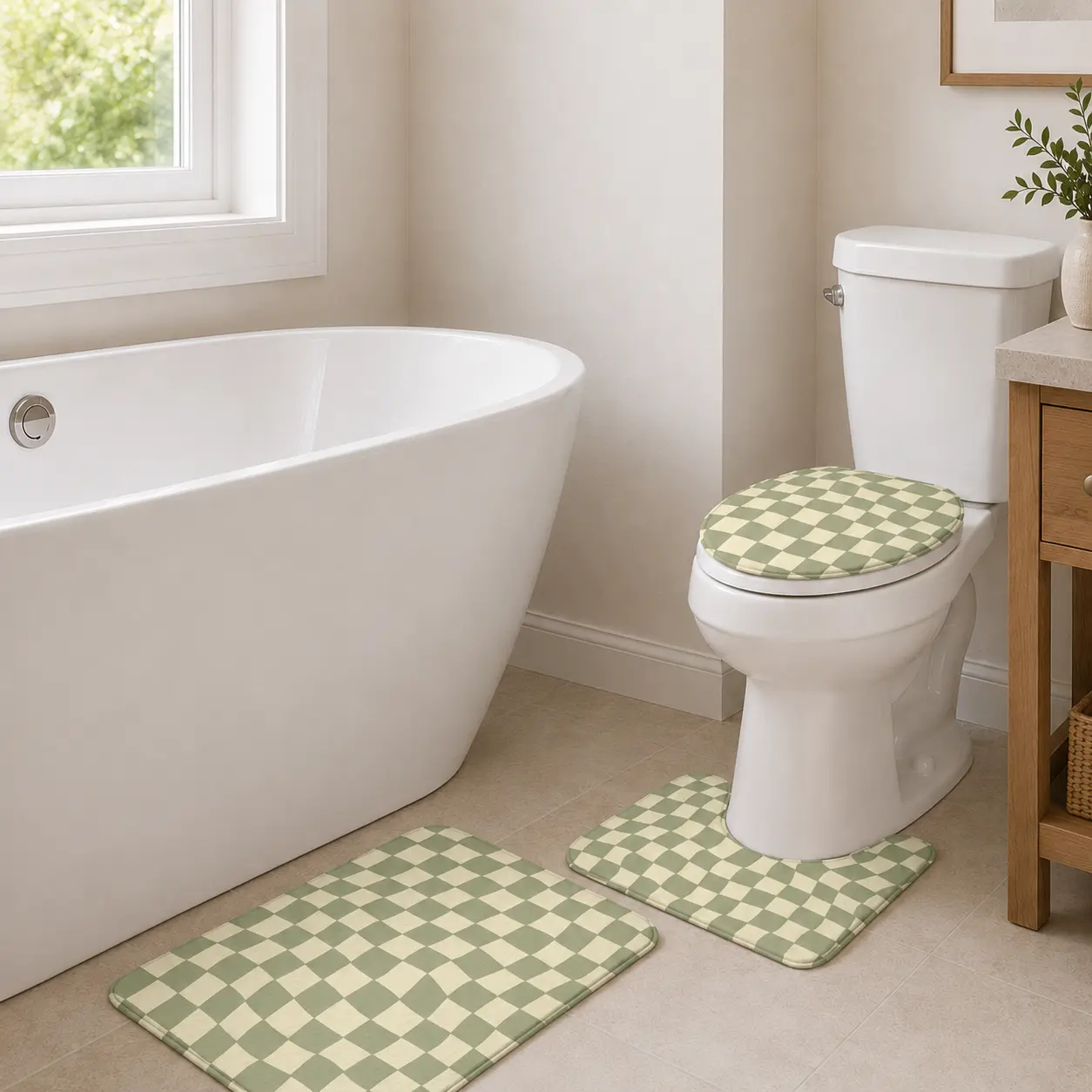Sage Green Wavy Checkerboard Bathroom Rug Set, 3-Piece Flannel Bath Mat Set with Non-Slip Rectangular Rug, U-Shaped Contour Mat and Toilet Lid Cover, Abstract Geometric Bathroom Decor,  Bathroom Supplies,  bathroom accessories