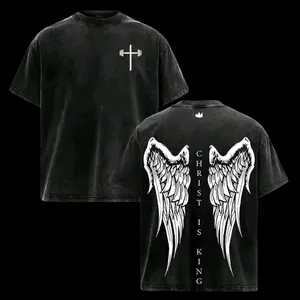 valentine shirts Christ ls King T-Shirt Vintage Angel Wings Graphic Tee Oversized Washed Christian Streetwear