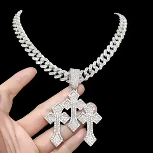 MaxBling81 Men's Large CZ Triple Cross Pendant with 20" Iced Cuban Chain - 13mm Metal-Plated, Gold/Silver Tone Hip Hop Chains with Pendants, Daily Wear Fashion Costume Jewelry Necklace Accessory, Large Pendant