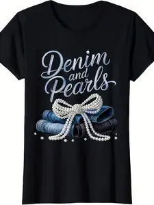 Men'S And Women'S Denim And Pearl Print T-Shirt - 100% 180G Heavyweight Short Sleeve Crew Neck, Jeans And Pearl Graphic Tee for Casual, Gym, Outdoor - Unisex Sizes S-3XL (Black) - All-Season, Plus Size