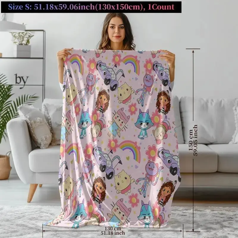 Gabby's Dollhouse Cartoon Fleece Blanket, Pink Background with Rainbow, Cats and Dolls, Soft Cozy Throw for Kids Bedroom, Sofa, Air Conditioned Room, Travel, Gifts, Flannel Blankets