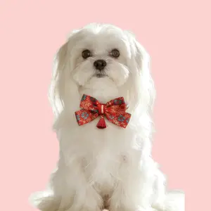 Pet Chinese New Year Bow Tie Collar, Pet Decorative Collar, Red Lucky Embroidered Tassel Necklace for Cats & Dogs, Silent No Bell, Stylish Pet Decorative Accessories, Spring Festival Festive Decor, Traditional Oriental Style Pet Accessories