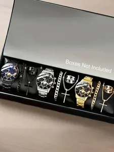 Men's Business Round Dial Analog Quartz Watch, with Jewelry Set, Including Watch & Chain & Pendant & Ring & Bracelet, Quartz Wristwatch, Fashion Watch Set for Party, Daily Decor, Exquisite Watch Set for Gift, Business Fashion Watches
