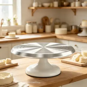 Aluminum alloy rotating cake turntable with graduated markings, smooth 360 Degree rotation, non-slip base, suitable for cake decorating and home baking.