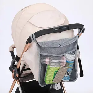 Adjustable Straps Stroller Organizer with Cup Holder, Phone Pocket & Multi-Compartment Storage - Durable Mesh Stroller Side Sling for Diapers, Toys, Snacks (Grey/Black, Fits Push Cars), Stroller Accessories