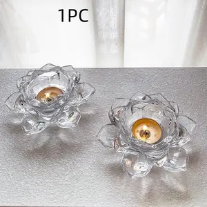 Transparent Crystal Glass Lotus Candle Holder, Romantic Candle Light Home Decor, Handicraft Ornament, Elegant Living Room Accessory