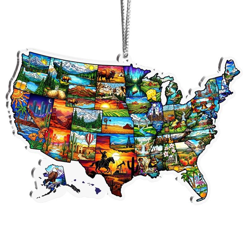 USA Map Acrylic Ornament – 50 States Landmark Ornament, American Landscape Christmas Decor, Travel Lover Gift, USA Vacation Souvenir Ornament USA Map Acrylic Ornament – 50 States Landmark Ornament, American Landscape Christmas Decor, Travel Lover Gift, USA Vacation Souvenir Ornament