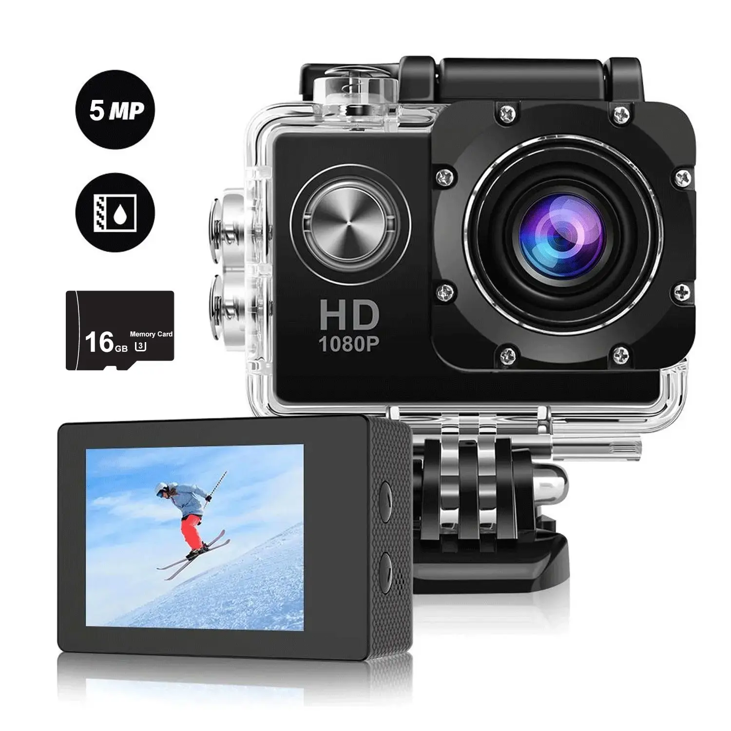 Sports Wearable Action Cam, HD 1080P 2-inch LCD screen, 5 megapixel action camera, SD, 300 mAh battery, waterproof 140 ° wide-angle wide-angle field of view, cycling swimming climbing and other outdoor sports with the gift of shooting!
