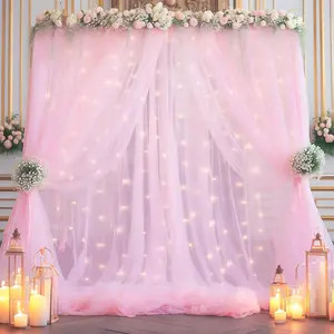 Chiffon Curtain Banner without Flower Wreath/Balloon, 1 Set Romantic USB Powered LED String Light Decor Party Backdrop with Remote Control without Battery, Decorative Backdrop for Wedding Birthday Party, Pastel