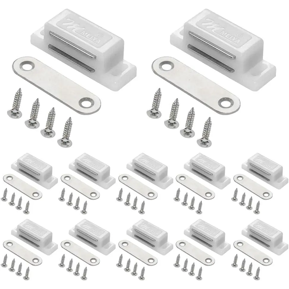 12-Pack White Stainless Steel Cabinet Magnetic Door Latches, 15lb Holding Force, 1.77in(L)x0.59in(W)x0.55in(H), Elliptical Slots, Easy Positioning, Screws Included for Kitchen Closets Drawers, Child-Safe Cabinet Doors Hardware