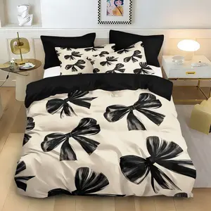 3pc Valentine's Day bow print bedding set, including a duvet cover and two pillowcases, is a gift for friends. Suitable for single and double beds, multiple sizes available, ideal for bedrooms, dormitories, hotels, and apartments