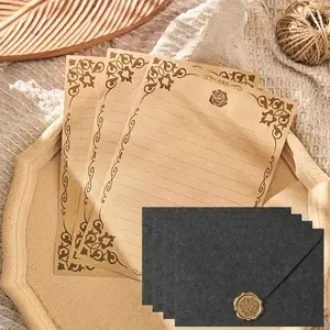 19pcs Wool Charcoal Envelope Vintage Leather Color Rose Paper Set, Office Supplies, Stationery, Wedding Thank You Letters Love Notes Events, Includes 11 Papers + 4 Envelopes + 4 Wax Seals