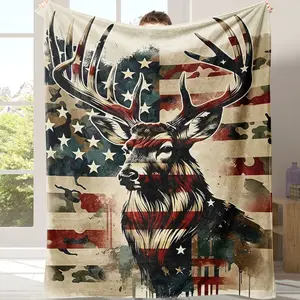 Flag & Deer Head Pattern Flannel Cozy Blanket 1 Count Soft Comfortable Warm Throw for Bedroom Home Office Travel Camping Decorative Giftable Blankets