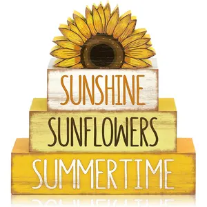 P-SO010   4 Pcs Summer Wooden Tiered Tray Decor Farmhouse Rustic Table Decor Books Stack Block Signs for Table & Home Office Decorations(Sunflower Style) Set Colorful