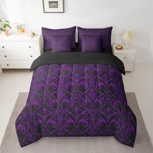 Purple Black Ombre Gothic 7 Piece Bedding Set,Vintage Goth Floral Damask Comforter Set,Antique Victorian Baroque Bed in A Bag,Reversible Bed Set, Bedding Sets, Queen Bedding Sets