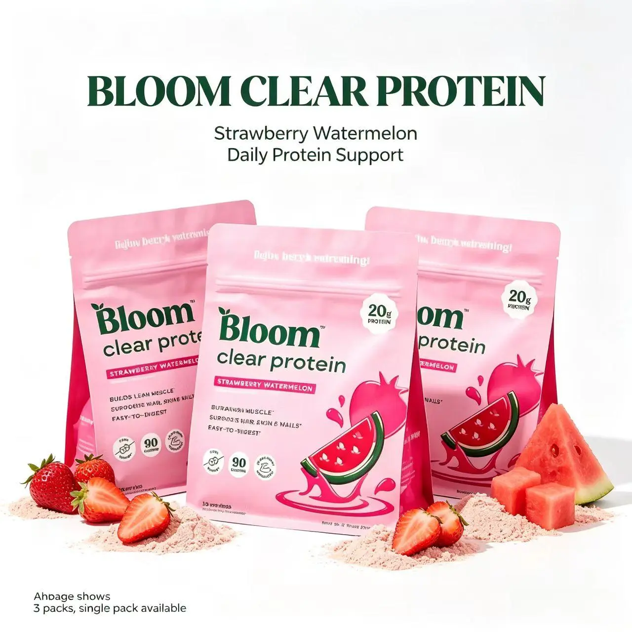 【3 pack】Bloom Clear Protein, Whey Protein Isolate with Collagen Peptides and Digestive Enzymes, 20g Protein, Sugar Free Post Workout Drink Mix, 90 Calories, Strawberry Watermelon, 10 Servings