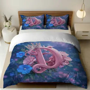 3PCS Duvet Cover Set, 1 Duvet+2 Pillowcases(Without filler), Royal Floral Crown Letter theme, Valentine bedding set, Luxurious Elegant Monogram Suitable for decoration bedroom, hotel, guest room, master suite.