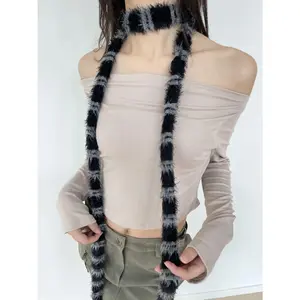 2026 Autumn  Aesthetic Long Scarves Streetwear Basic Scarf Gothic Black Gray Furry Stripe Women Harajuku Knitted Neckerchief