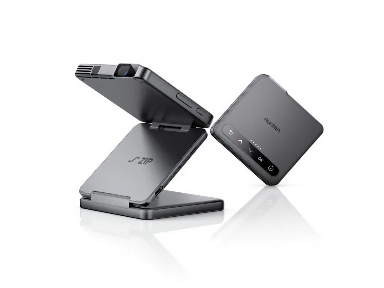 Aurzen ZIP Tri-Fold DLP Ultra-Portable Mini Pocket Projector, Bluetooth 5.4, Screen Mirroring, ToF Zero-Lag Focus, 1.5H Playtime, USB-C Powered, Pico Projector for Travel/Sewing/Art Tracing, Gray