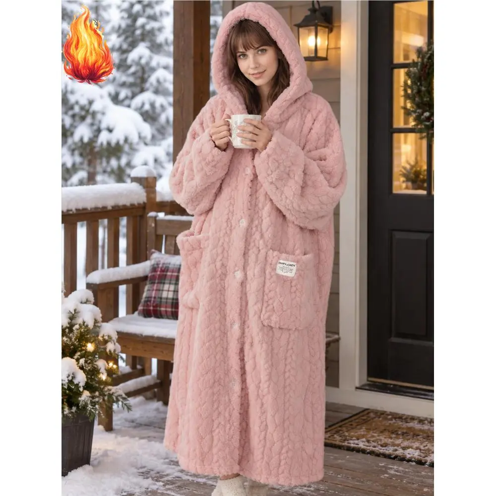 2026 Fall Winter Flannel Women'S Loose Plus Size Robe - Home Sleepwear, Thickened Warm, Comfortable Soft, Button-Front, Long Sleeve Hooded with Two Large Pockets, Extended Nightgown Dressing Gown, Bathroom Bathrobe, Lazy Robe, Machine Washable