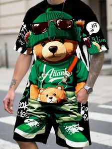 Men's Cool Cartoon Teddy Bear Print T-Shirt and Shorts Set, Casual Matching Set, Casual Fitted Short Sleeve Top, Knee Length Bottoms, Summer