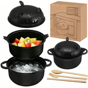 Lovely Wheat Straw Ramen Cooking Bowl Set, Oversized Microwavable Pig Noodle Bowl with Strainer Lid Handle Spoon Chopsticks Fork Dorm Home Gift