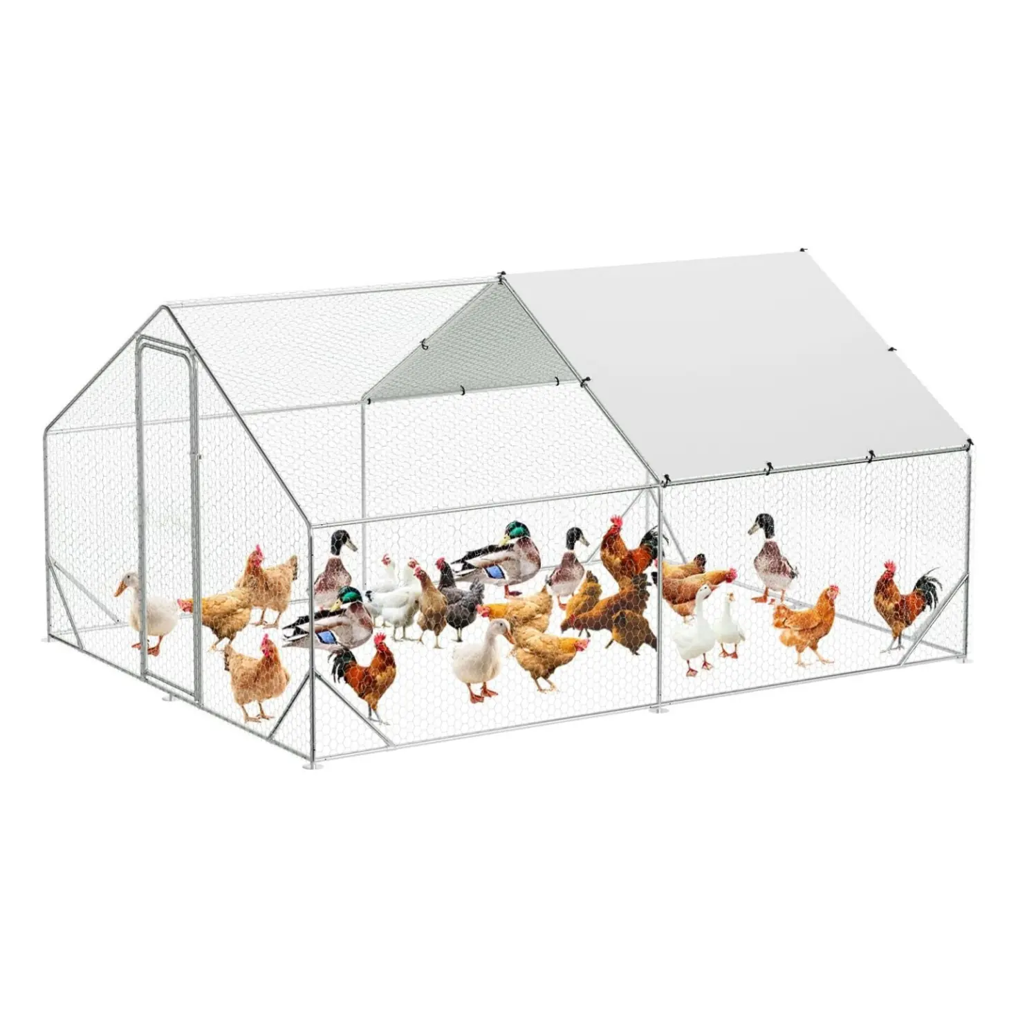 Galvanized Steel Walk-In Large Chicken Coop Run - 9.8' W x 13.1' D x 6.6' H, Predator-Resistant Mesh Fence, Steel Frame, Anti-Ultraviolet Waterproof Cover, Spire Roof, Easy Setup Outdoor Pen with Accessories & Installation Videos, Chicken Coops, Tortoises
