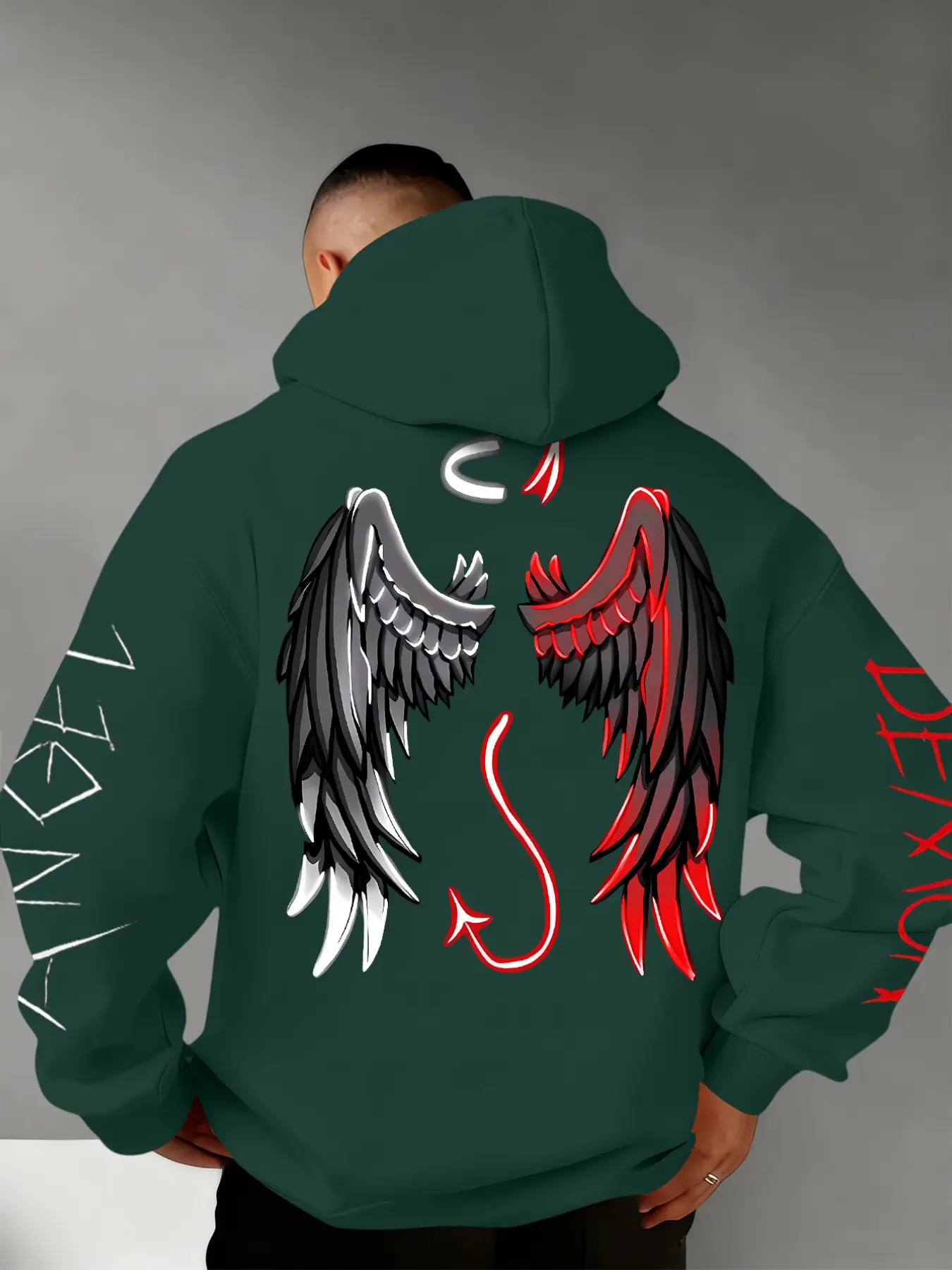 Men's Fall Winter Demon Half-Wing Graphic Print Hoodie, Drawstring Hood & Large Pocket Design, Casual Fitted Style, Gothic Streetwear