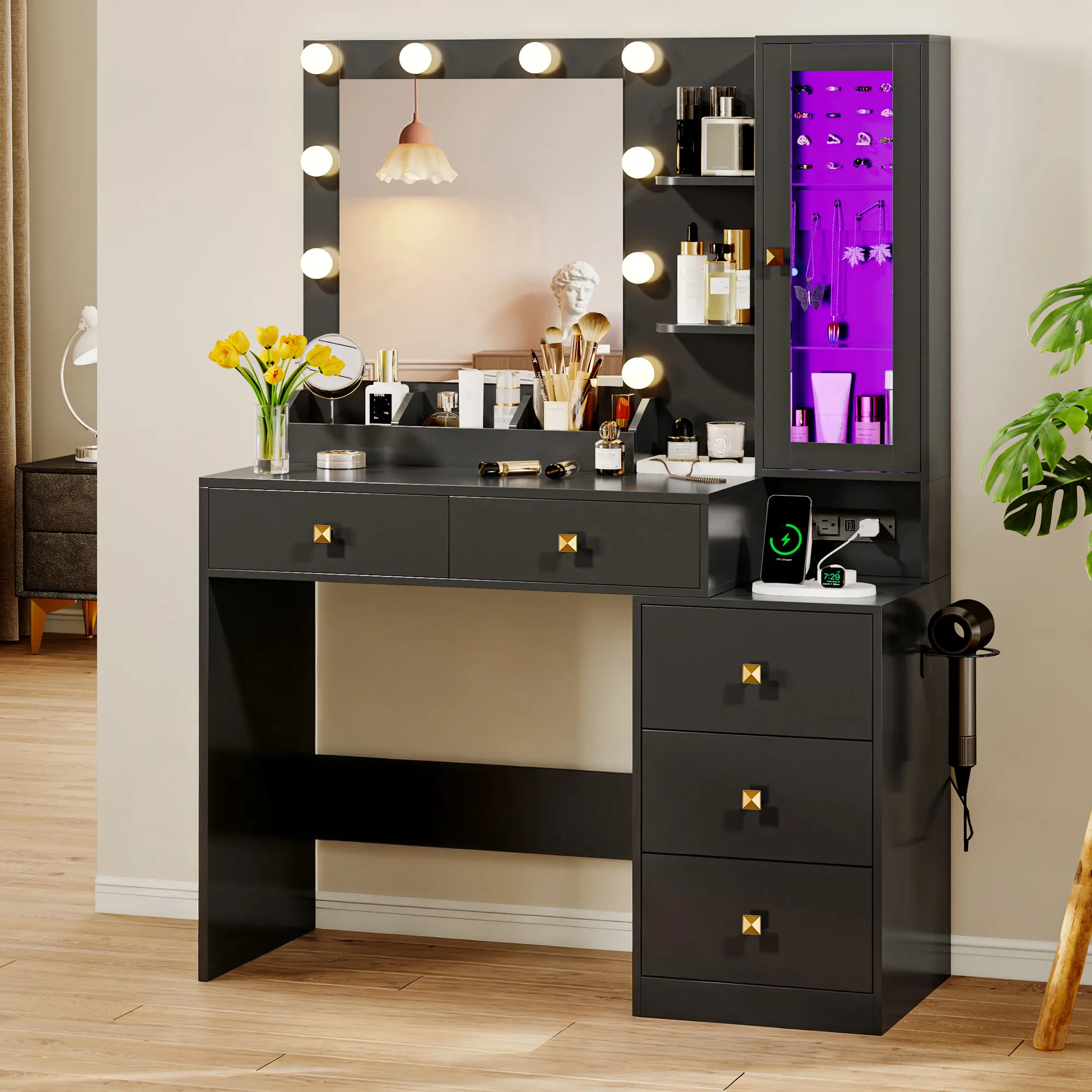 Lighted Vanity Desk with Mirror, RGB Dressing Table Set with 5 Drawers, Power Outlet & Cushioned Stool, Adjustable Brightness Makeup Vanity, Modern White Dresser for Bedroom fathers day gift ideas, Makeup Vanity With Lights, Led Vanity Desk