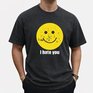 Funny Washed T-Shirt – I Hate You Smiling Face Graphic Tee with Sarcastic Humor