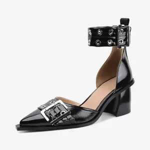 CELNEPHO Heeled Sandals Pointed Toe Chunky Heel  Comfortable Closed Toe Adjustable Double Ankle Strap Metallic Rivet Pumps Sandals for Women Dress Wedding Shoes