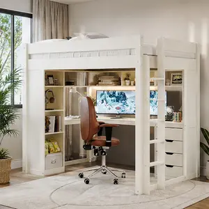 ARCH Full Size Solid Wood Loft Bed with L-Shaped Desk and 4 Drawers, Ash Veneer High Loft Bed Frame with Smart APP LED Light Strip, USB Charging Ports, 4-Tier Open Shelves, White, Twin/Full Options, Full/Twin Size Options, Black/White Color Options