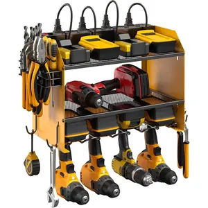 Modular Power Tool Organizer Wall Mount with Charging Station. Garage Drill Storage Shelf with Hooks, Heavy Duty Rack, Tool Battery Holder Built in 8 Outlet. Gift  Men. Yellow, 1 Pack.