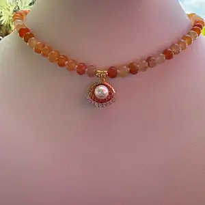 Orange Stone Beaded Necklace with Pearl Oyster Charm | Gold Plated Necklace