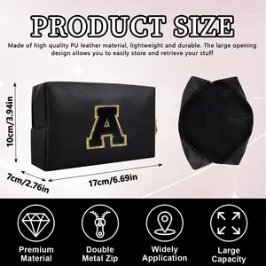 AZMT/Women Octagonal Makeup Bag PU Letters Makeup Bag, Portable Chenille Letter Cosmetic Bag With Zipper, Initial Letter Patch PU Leather Travel Toiletry Bag Monogram Make Up Pouch  For Fall Home Decor.Initial Letter Patch Makeup Bag