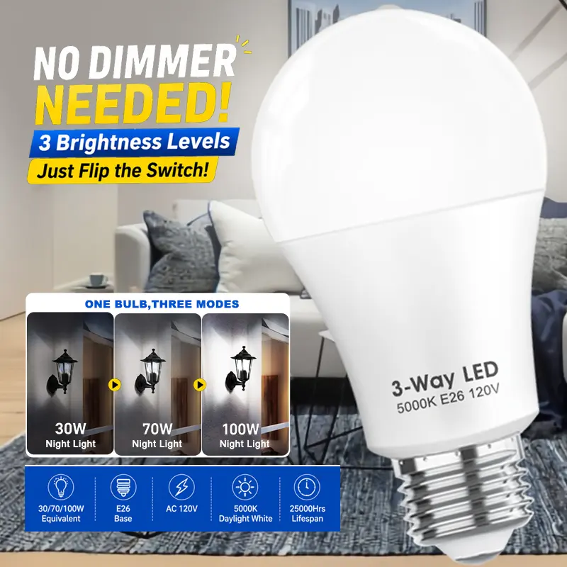 3-Way LED Light Bulbs, A19 E26 Medium Base, 30-70-100 Lumens Daylight White 5000K, Interior LED Lights for Indoor Reading
