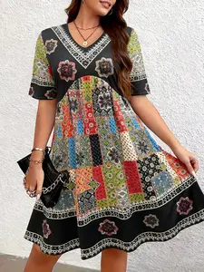 New Vacation Plus Size Women's Ethnic Print V-Neck Loose Dress, Casual Daily Wear, Comfortable and Stylish, Perfect for Everyday Use
