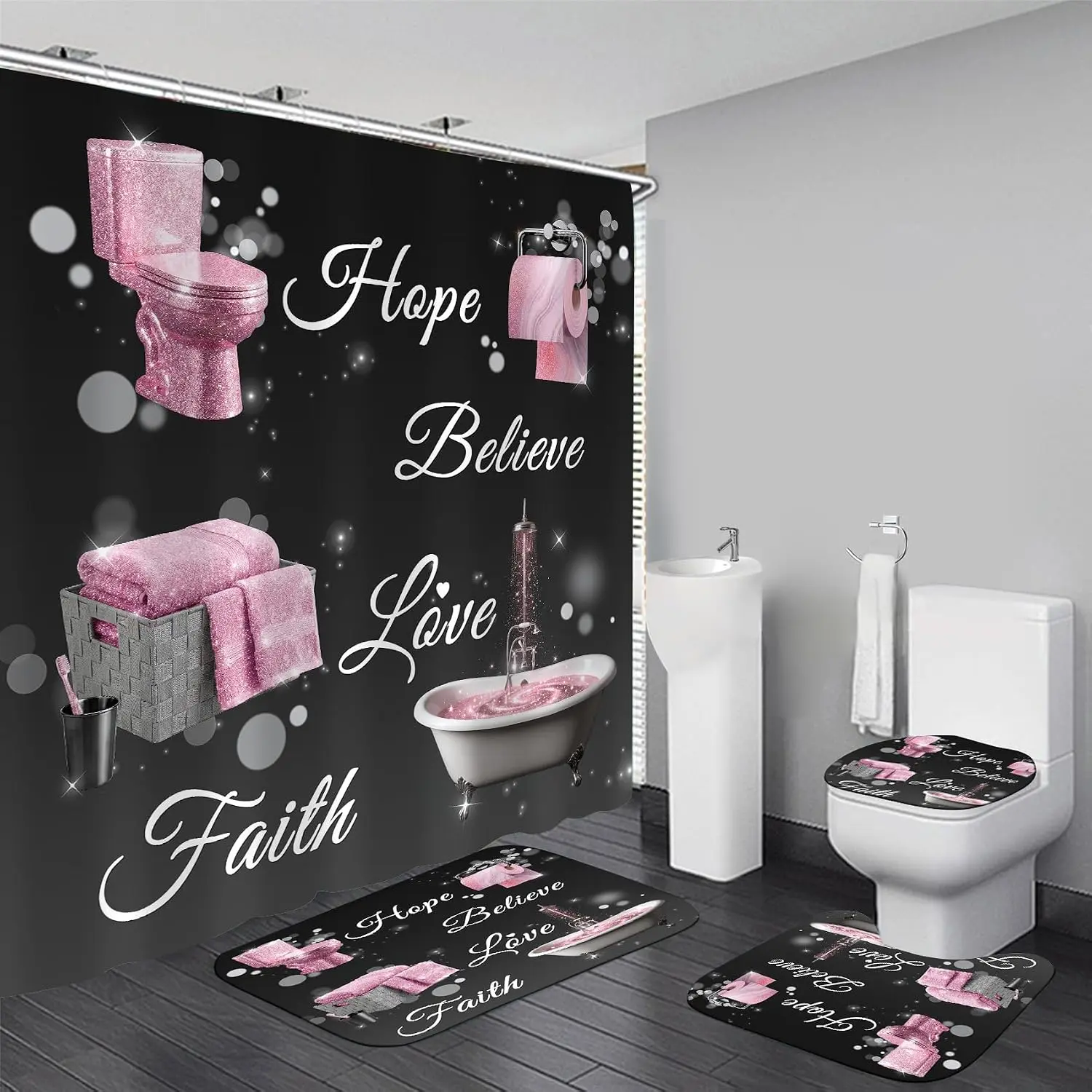 4 Piece Shower Curtain Set with Rugs, Inspirational Quotes Hope Believe Love Faith Bathroom Decor, Pink and Black Chic Aesthetic Bath Curtain with 12 Hooks, Non-Slip Mat,family,u-shaped,farmhouse,Modern,Ombre,,Green,Christmas,Tree,sheer,top,window,divider