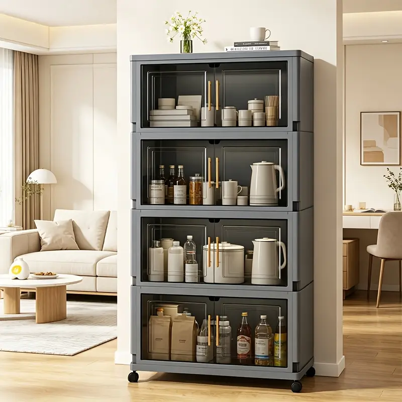 3/4/5-tier large-capacity plastic storage box with lid, foldable organizer and storage cabinet with universal wheels, stackable storage boxes, Bins with wheels, magnetic door household miscellaneous items storage boxes, Collapsible Storage Bins