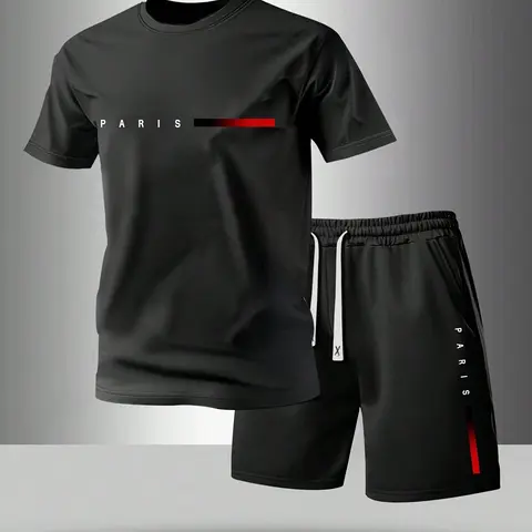 Men's Summer Regular Fit Short Sleeve T-Shirt and Shorts Set with Paris Letter Pattern Print, Stylish Casual Outdoor Men's Pocket Sports Elastic Waist Drawstring Pants Two-Piece Set, Suitable for Running, Golf, Fishing, Basketball, Camping, Gym, Swimming,