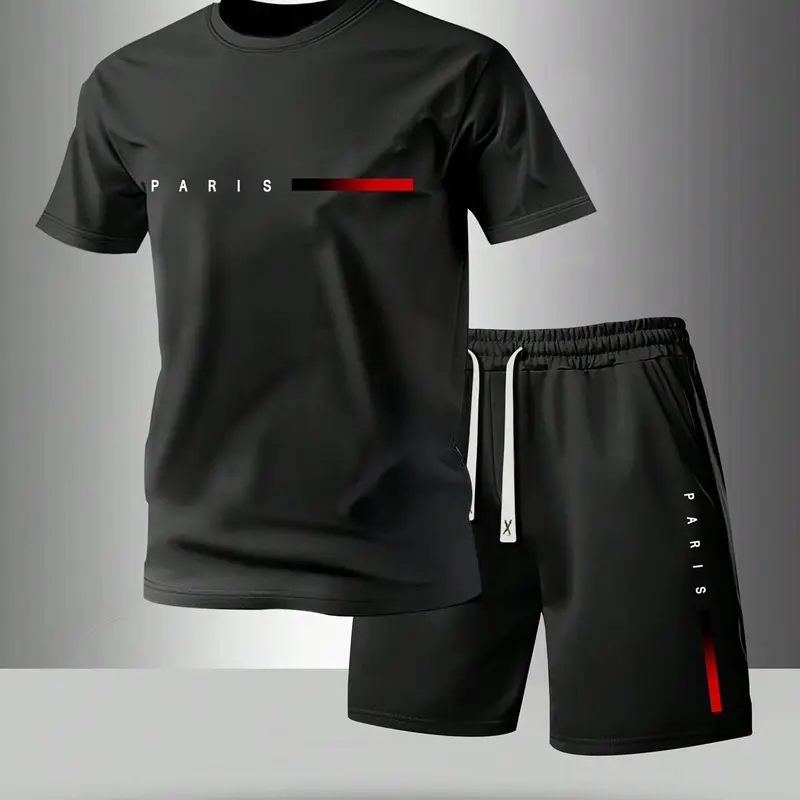 Men's Summer Regular Fit Short Sleeve T-Shirt and Shorts Set with Paris Letter Pattern Print, Stylish Casual Outdoor Men's Pocket Sports Elastic Waist Drawstring Pants Two-Piece Set, Suitable for Running, Golf, Fishing, Basketball, Camping, Gym, Swimming,